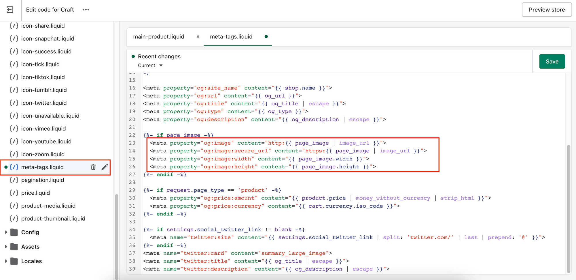 Beispiel für dynamische Meta-Tags im Shopify Theme-Code