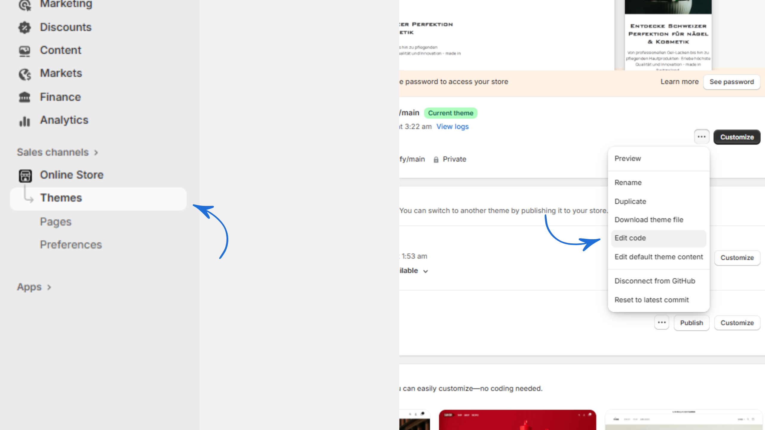 Shopify Admin - Code bearbeiten öffnen