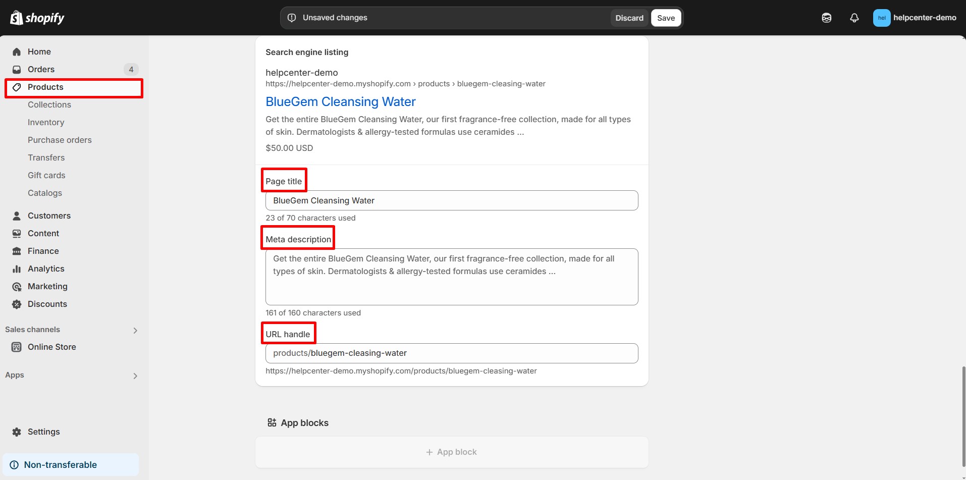 Beispiel für Meta-Tags-Bearbeitung im Shopify-Admin